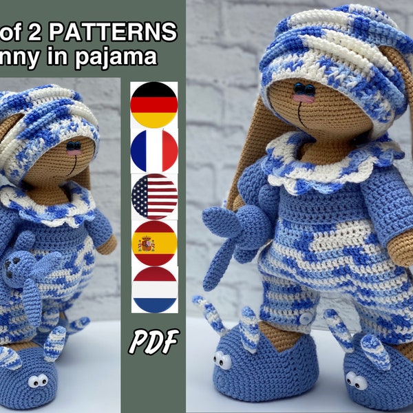 Set aus 2 Mustern. Amigurumi Häschenmuster im Outfit. Häkelanleitung: süßes Häschen im Pyjama. Häschen Outfit. PDF-Datei