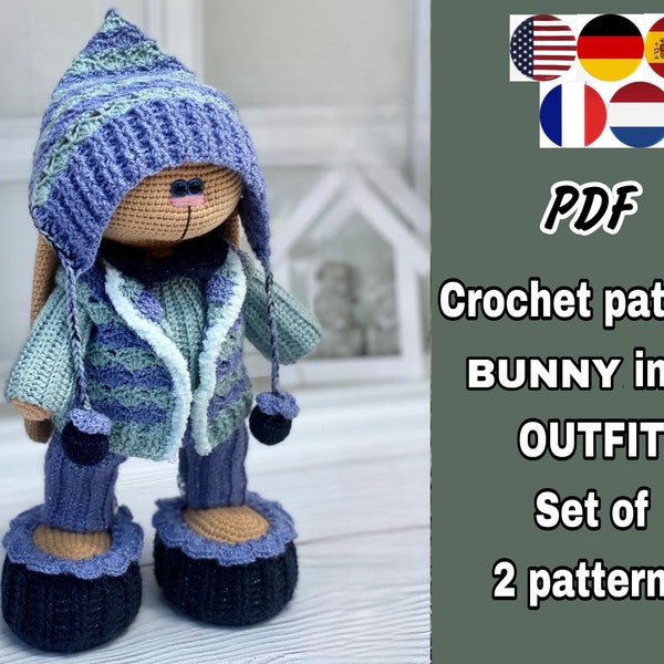 Amigurumi bunny crochet pattern doll in outfit. Crochet tutorials bunny toy in clothes. Bunny outfit, animal patters PDF, SET of 2 patterns