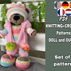 SET of 2 patterns - Crochet and Knitting Phototutorial. Amigurumi bear in outfit pattern. Crochet bear. Outfit - Knitting and Crochet. PDF