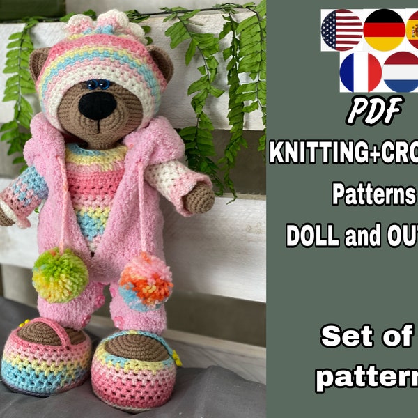 SET of 2 patterns - Crochet and Knitting Phototutorial. Amigurumi bear in outfit pattern. Crochet bear. Outfit - Knitting and Crochet. PDF