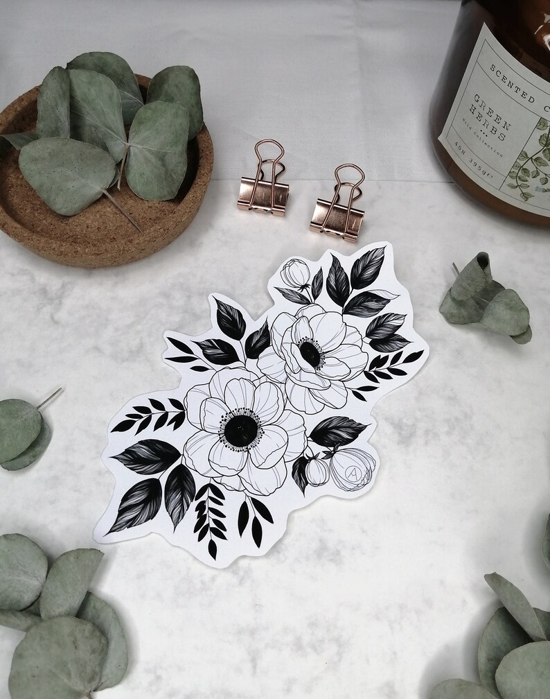 Bullet journal Floral sticker black Floral stickers Minimalistic design Laptop Sticker Anemone Sticker
