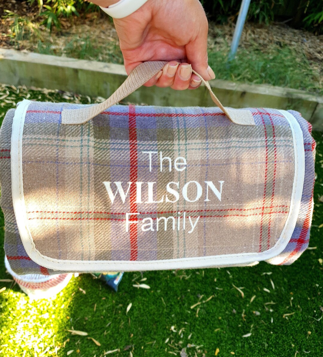 Personalised Embroidered Picnic Blanket, Waterproof Outdoor Tweed