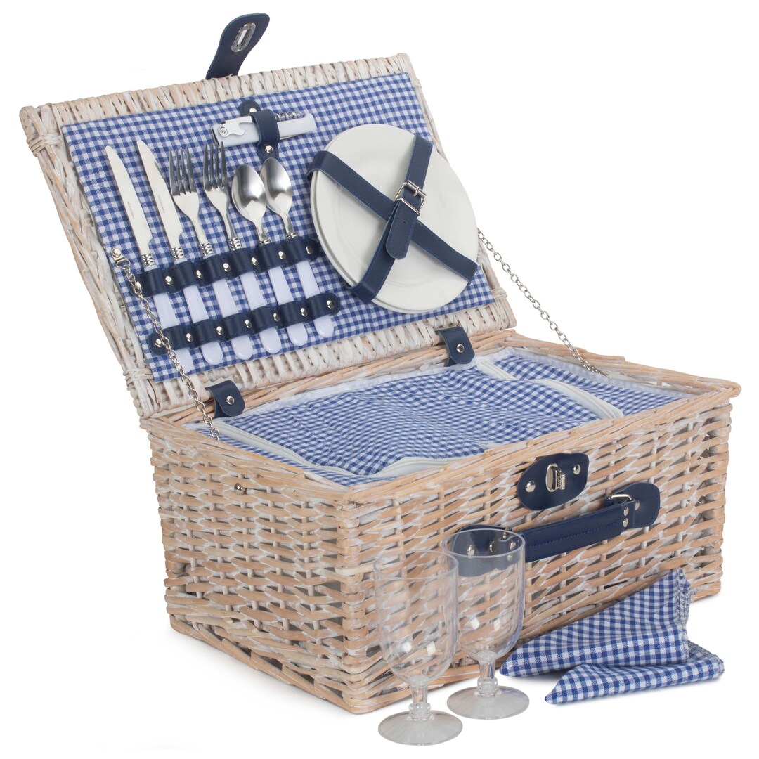 2 Person Filled Wicker Picnic Basket Gingham Check Picnic Hamper Basket