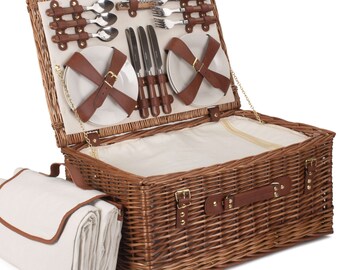 Personalised 6 Person Classic Cream Picnic Hamper and Blanket Set | Family Picnic Basket for 6 people