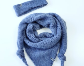 Scarf knitted lady's scarf neckerchief Baktus triangular scarf women's mohair silk gift wedding Christmas birthday blue storm blue