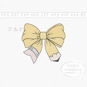3&quot; & 5&quot; Sketch Pencil Bow Embroidery Design | Coquette Back to School Machine Embroidery File | Minimal Digital Download