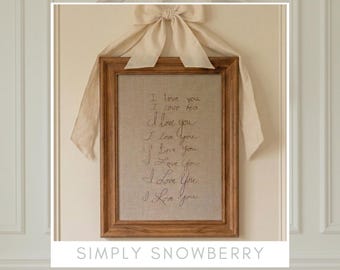 Handwritten I Love You Embroidery Baby Nursery Decor Personalized Linen Keepsake Gift from Parents or Grandparents Custom Handwriting Art