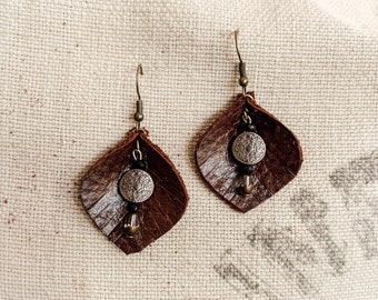 Leather Beaded Feather Earrings