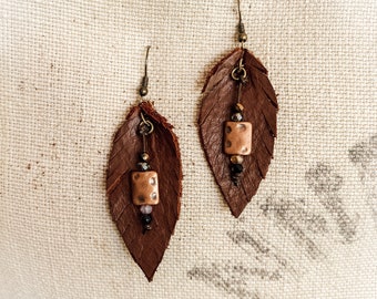 Leather Beaded Feather Earrings