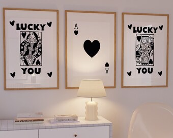 Trendy Retro Wall Art Set of 3, Aesthetic Print, Lucky You Poster, Funny Art, Funky printable wall art, Black Ace Card Poster