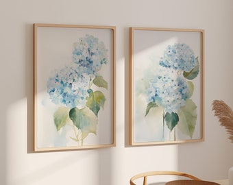 Blue watercolor Hydrangea Print set of 2 wall art, grand millennial print, coastal granddaughter prints set, vintage hydrangea print