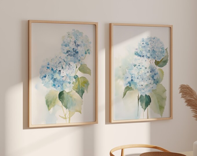 Blue Watercolor Hydrangea Print Set of 2 Wall Art, Grand Millennial ...