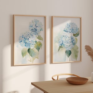 Blue watercolor Hydrangea Print set of 2 wall art, grand millennial print, coastal granddaughter prints set, vintage hydrangea print