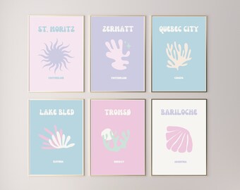 Pastel travel poster Set of 6, Danish Pastel Room decor, digital art prints, Vintage Travel Wall Art, Aesthetic Wall Collage