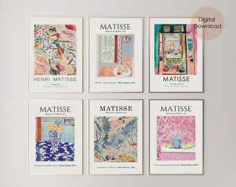 Zestaw 6 wydruków cyfrowych, wydruki sztuki Matisse'a do pobrania, natychmiastowa kolorowa sztuka ścienna do wydrukowania, nowoczesna sztuka ścienna z połowy wieku