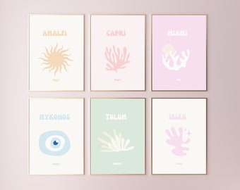 Travel print Set of 6, Gallery Wall set, Ibiza Capri Miami Tulum Gallery, Maximalist Wall Art, Pastel Home Decor Art, Printable Wall Art