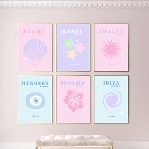 Travel print Set of 6, Coconut Girl Aesthetic, Preppy Travel poster, Pastel Home Decor Art, Downloadable Art Prints