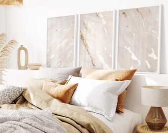 Beige Gold Bedroom Wall Art Prints, Marble Wall Prints, Scandinavian Art, Neutral Wall Prints