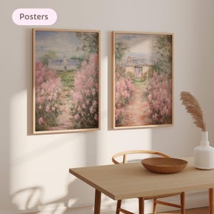 Monet Pink Flower painting set of 2, Ethereal Impressionist Wall Art for Bedroom, Monet Painting Print, Elegant Floral Fine Art