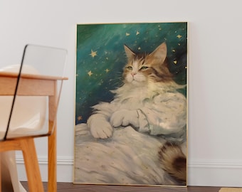 Cat Cosmic Universe Poster, Futuristic Space Tech Wall Art, Galaxy Stars Sci-Fi Cat Print, Cat Wall Art, Kids Poster