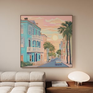 Lienzo artístico viaje Carolina, lienzo artístico ciudad de Charleston en tonos pastel, lienzo cuadrado con marco minimalista estilo Matisse