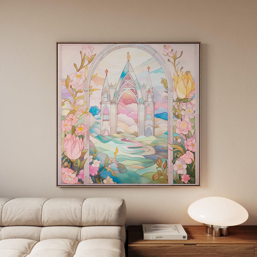 1960s Stained Glass Princess Castle Wall Art, Pastel Pink Floral ...