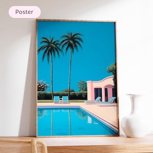 Framed Palm Tree Pool Print, Pink Villa Wall Art, Retro LA Mansion Poster, Blue Sky Illustration, California Dream House Decor