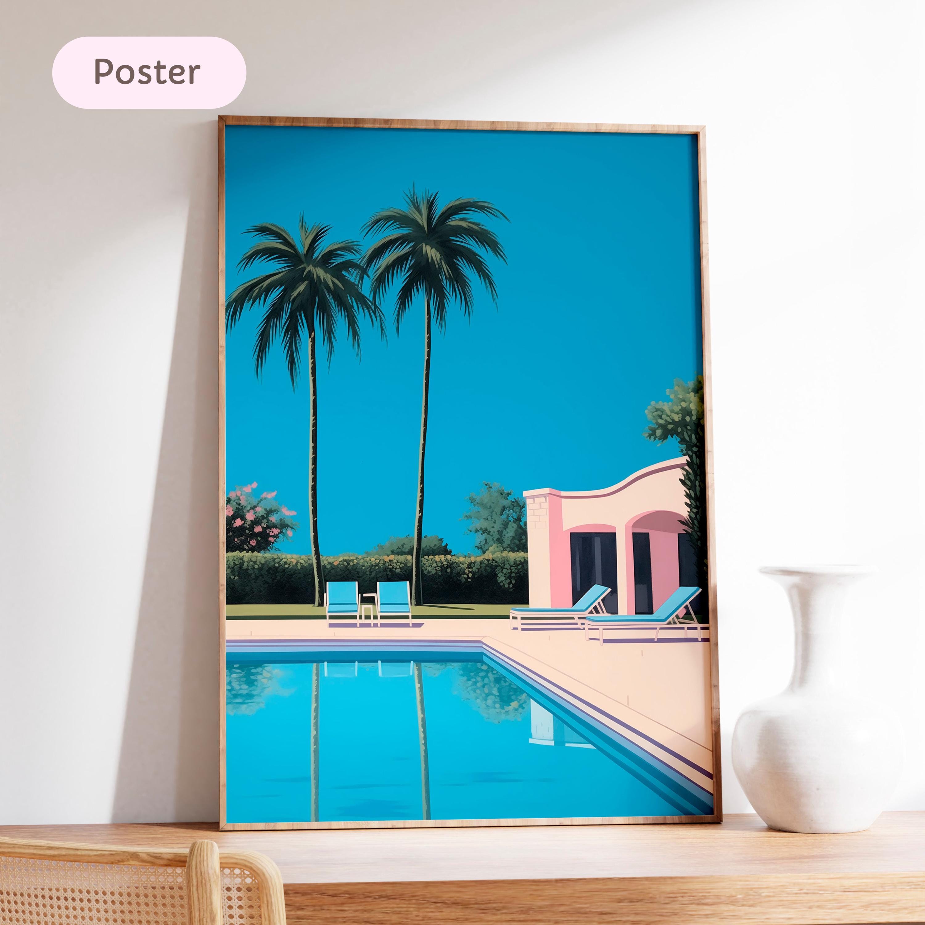 Framed Palm Tree Pool Print, Pink Villa Wall Art, Retro LA Mansion