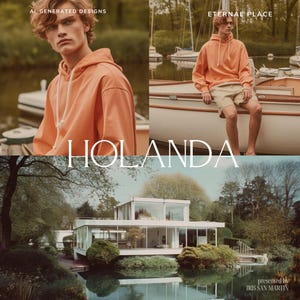 May include: A man wearing a peach-colored hoodie sits on a boat. The text "HOLANDA" is in the foreground. The text "ETERNAL PLACE" is in the upper right corner. The text "AI-GENERATED DESIGNS" is in the upper left corner. The text "presented by IRIS & SAN MARTIN" is in the lower right corner.