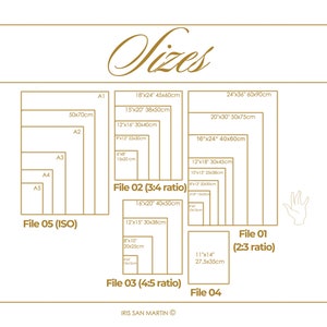 May include: A diagram showing various print sizes in inches and centimeters, including A1, A2, A3, A4, and A5, along with other sizes like 18x24 inches (45x60cm) and 24x36 inches (60x90cm). The text "Sizes" is at the top.