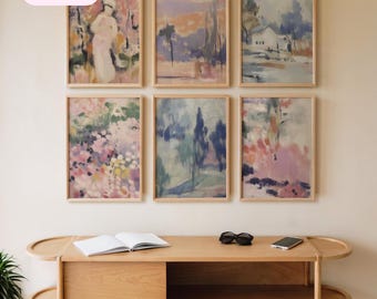 Colorful vintage artwall, colorful pastel prints, muted tones art gallery wall prints, framed gallery wall set, wood framed wall art