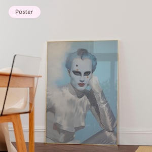 Arte mural vintage arlequín años 80, arte fantástico, póster retro de máscara facial con marco de madera, arte vintage colorido años 80