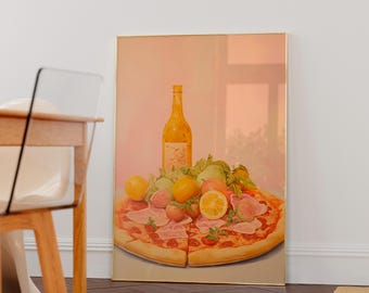 Retro Pizza Wall Art Print, Hand-Drawn Pizza Kitchen Decor, Italian Food Artwork, veggie pizza art, mediterranean food art