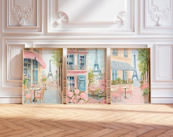 Paris art print set of 3, Paris print pink, Pink Paris wall art, Pink Eiffel Tower Art, Paris Girl Art, Romantic Paris Posters