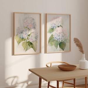 Modern Watercolor Minimalist Art, Coastal Wall Decor, Hamptons Hydrangea Set of 2 Prints, Botanical Artwork, Large Fine Art Poster image 2