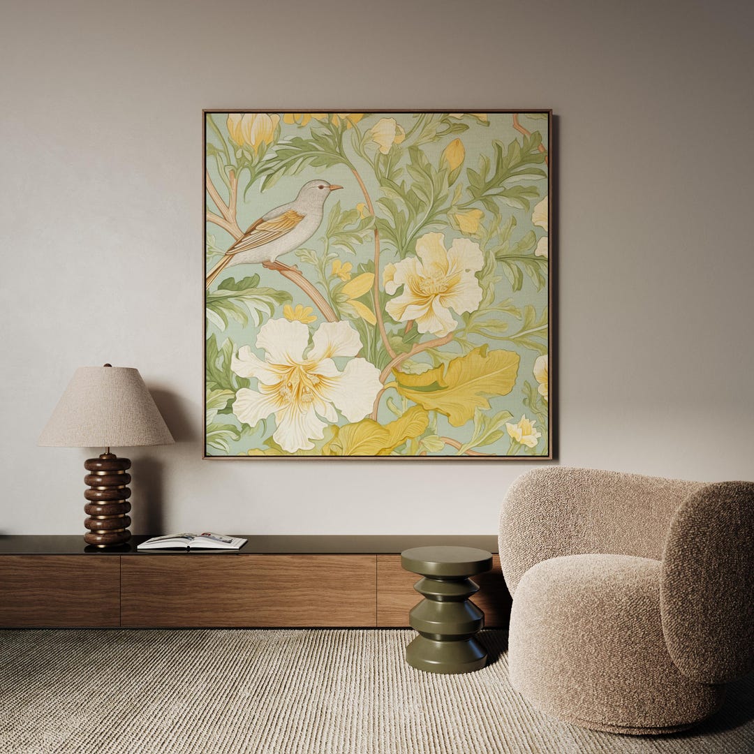 William Morris Inspired Vintage Floral Oil Painting Canvas, Birds