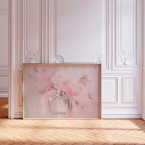 Coquette Perfume Bottle Art Print, Pink Bow Balletcore Wall Decor, Dreamy Oil Painting Texture, Feminine Vanity Art, framed Giclée Poster