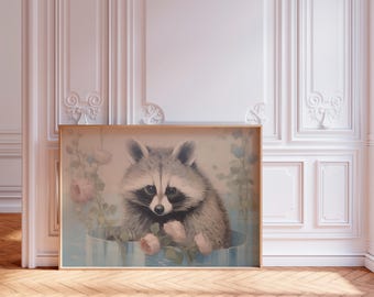 Raccoon Bathroom Print, Vintage Japanese Wall Art, Retro Animal Illustration, Cute Washroom Decor Poster