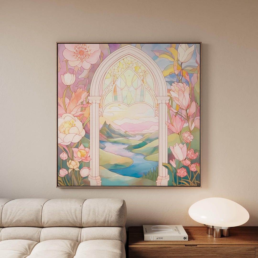 Stained Glass Princess Castle Wall Art, Pastel Pink Floral Fairytale ...