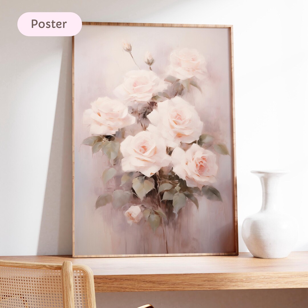 Vintage Floral Print, Antique Rose Wall Art, White Pink Flower Sketch ...