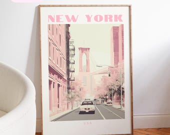 Pink New york travel poster, New york art, new york painting streets, new york painting with frame, NYC print, Housewarming gift