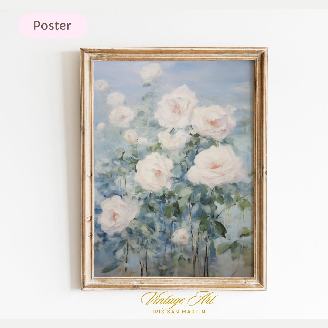 Vintage Floral Print, Antique Rose Wall Art, White Blue Flower Sketch ...