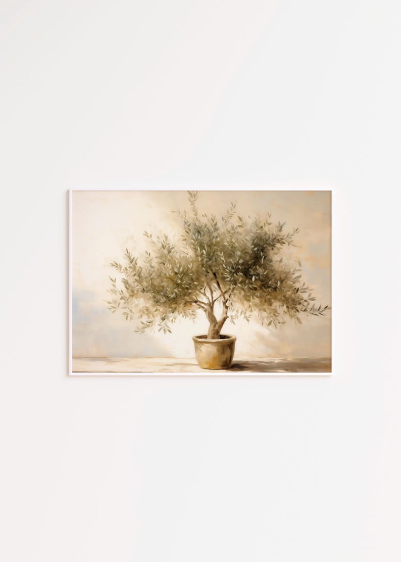 May include: A framed painting of an olive tree in a pot. The artwork features a muted color palette with shades of green, brown, and beige. The tree is centered, with detailed leaves and branches. The pot is a light brown.