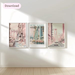 Set of 3 New york digital prints, Pink New york travel posters, new york painting streets, new york print downloads, Housewarming gift