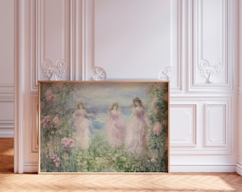 Cottage Monet Light Pink Fairycore Wall Art, Soft Pastel Impressionist Print, Cottagecore landscape rustic poster