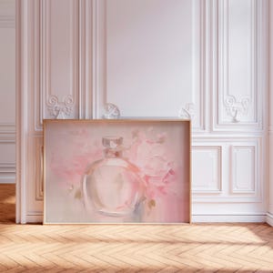 Feminine Vanity Art, Coquette Perfume Bottle Art Print, Pink Bow Balletcore Wall Decor, Dreamy Oil Painting Texture, framed Giclée Poster