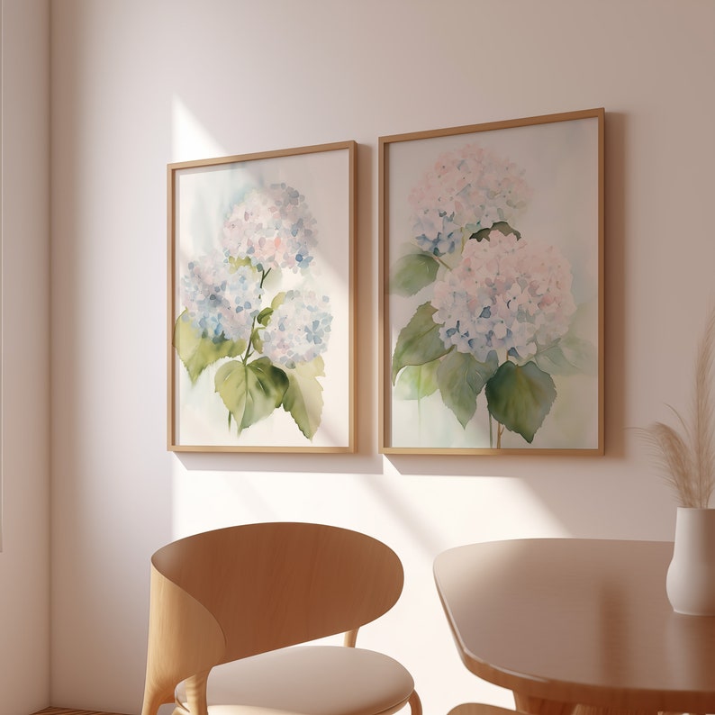 Modern Watercolor Minimalist Art, Coastal Wall Decor, Hamptons Hydrangea Set of 2 Prints, Botanical Artwork, Large Fine Art Poster image 3