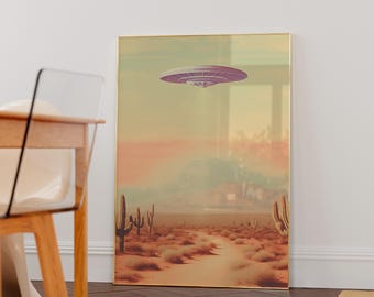 Alien Abduction Wall Art, Sci-Fi Western Art Print, Desert Landscape, UFO Cowboy Art Print, Vintage Style, Americana Alien Decor