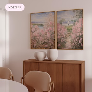 Art print set of 2 Monet Pink Flower painting, Ethereal Impressionist Wall Art for Bedroom, Monet Painting Print, Elegant Floral Fine Art
