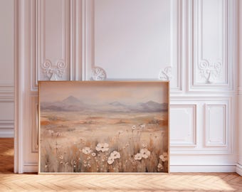 Pintura al óleo impresionista de campo de flores silvestres, impresión de mariposa de flores silvestres azules, impresión de paisaje vintage